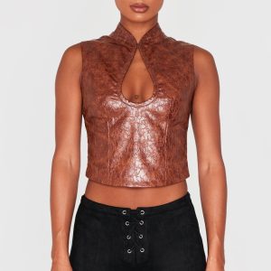Brown Textured Faux Leather Keyhole Long Top