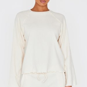 Cream Ribbed Oversized Seam Detail Long Top