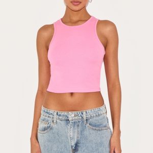 Pink Basic Rib Racer Crop Top