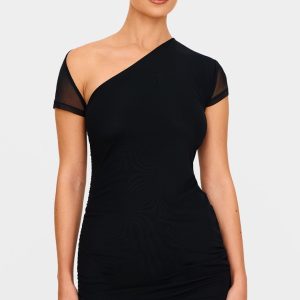 Black Double Layered Mesh Ruched Mini Dress