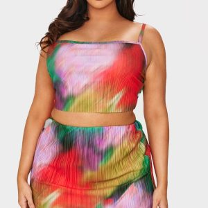 Plus Multi Print Plisse Square Neck Crop Top