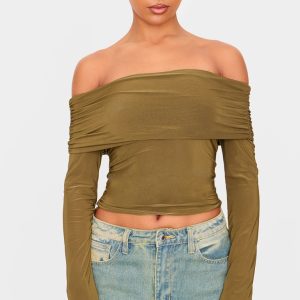 Olive Slinky Bardot Long Sleeve Long Top