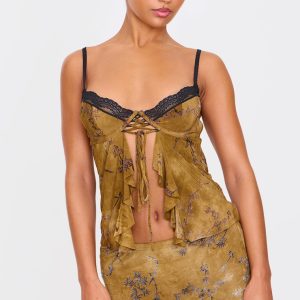 Khaki Devore Lace Trim Strappy Long Top