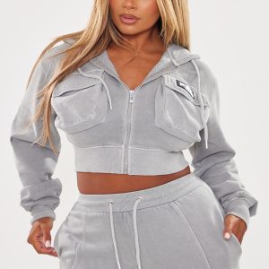 PRETTYLITTLETHING Shape Grey Marl Washed Cargo Cropped Hoodie