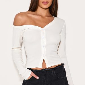Cream Soft Touch Rib Asymmetric Detail Long Sleeve Top