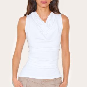 White Cotton Ruched Waist Sleeveless Top