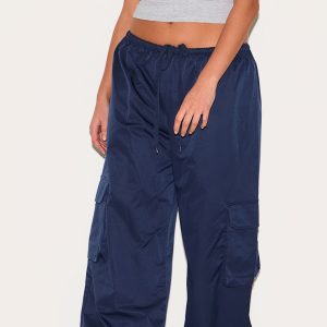 Plus Navy Drawstring Cargo Pocket Detail Straight Leg Trousers