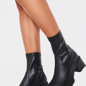 Black PU Round Toe Chunky Sole Sock Boots