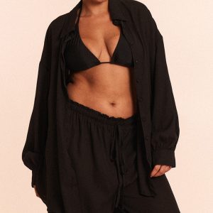 Plus Black Oversized Long Sleeve Beach Shirt
