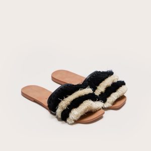 Black and Cream Square Toe Tassel Mule Sandals
