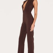 3bc78bfb074269de956acbb8a8e5cdbfd03918c2_CNM3119_3_dark_chocolate_stretch_woven_collared_gold_trim_straight_leg_jumpsuit