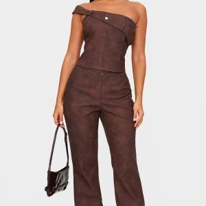 Petite Chocolate Faux Leather Zip Front Flared Trousers