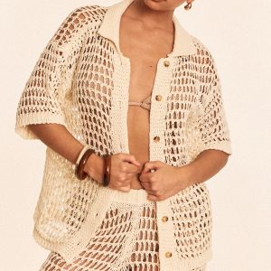Cream Crochet Short Sleeve Beach Shirt