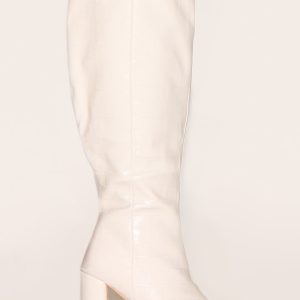 White Wide Fit Pu Croc Square Toe Block Heel Knee High Boots