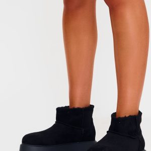 Black Faux Suede Round Toe Thick Flat Sole Ankle Boots