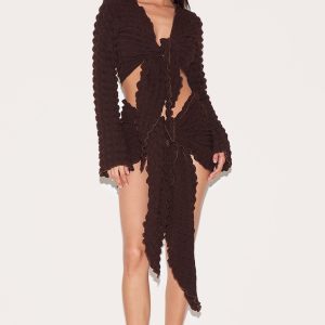 Chocolate Bubble Texture Tie Front Top And Sarong Beach Set