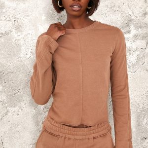 PRETTYLITTLETHING Tall Taupe Embroidered Raw Hem Seam Detail Fitted Top