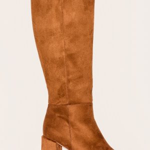 Tan Faux Suede Wide Fit Round Toe Block Heel Knee High Boots