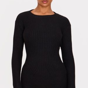 Black Soft Textured Rib Knit Mini Dress