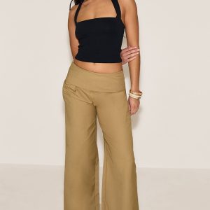 Latte Tailored Woven Foldover Straight Leg Trousers