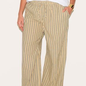 Plus Stone Pinstripe Cotton Low Waisted Wide Leg Trousers