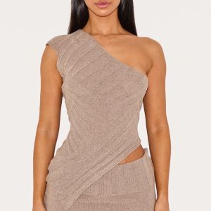 Petite Taupe One Shoulder Asymmetric Knit Top