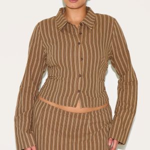 Plus Brown Pinstripe Fitted Shirt