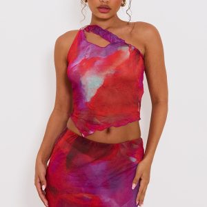 Petite Purple Crushed Mesh Ring Trim Asymmetric Neckline Top