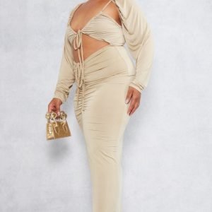 Plus Olive Slinky Cut Out Ruched Maxi Dress