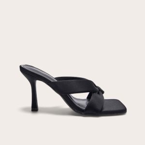 Black Square Toe Thong Padded Heeled Mules