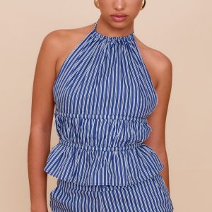 Indigo Stripe Woven Ruched Backless Halterneck Long Top