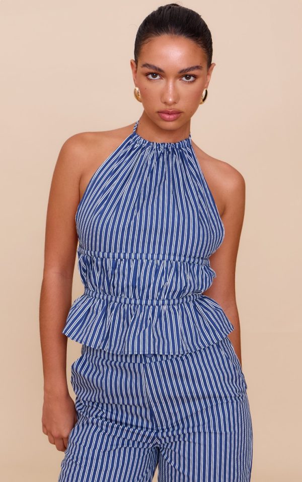 3ced912713e2de1663110d0d1a87df5b05ed2847_CNM1765_1_indigo_stripe_woven_ruched_backless_halterneck_long_top