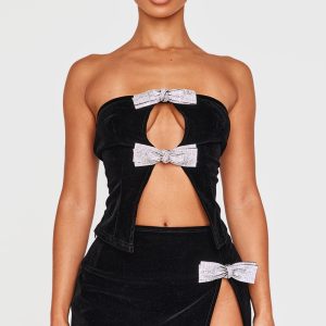 Petite Black Diamante Bow Detail Velvet Top