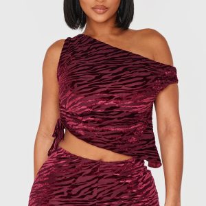 Shape Burgundy Zebra Devore Asymmetric Off Shoulder Top