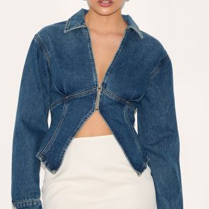 Mid Blue Wash Cinched Waist Split Hem Balloon Sleeve Shirt