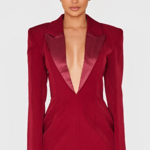Burgundy Tailored Satin Lapel Blazer Dress