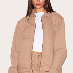 Taupe Boxy Contrast Seam Carpenter Denim Jacket