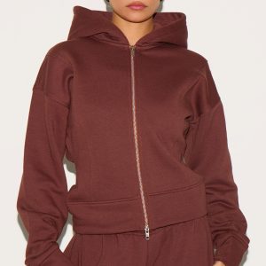 Petite Deep Chocolate Double Zip Cinched Hoodie