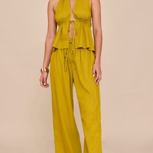Deep Mustard Linen Look Drawstring Wide Leg Trousers