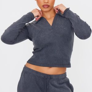 Charcoal Washed Ribbed V Neck Fitted Long Sleeve Top
