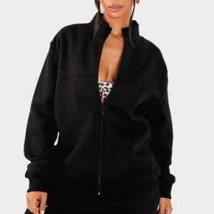 Petite Black Seam Detail Zip Through Track Top