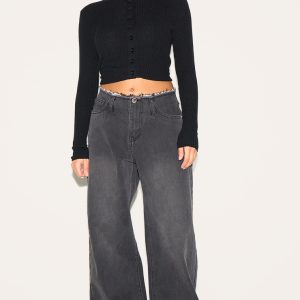 Petite Black Fray Waist Low Rise Straight Leg Jeans