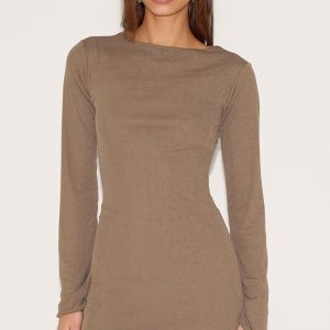 Mushroom Onion Skin Boat Neck Flute Sleeve Mini Dress