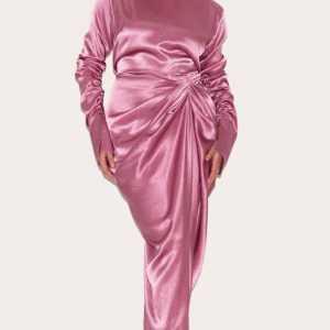 Plus Deep Rose High Neck Ruching Detail Satin Midi Dress