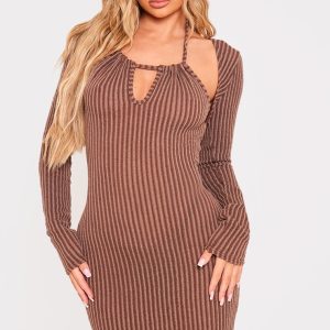 Brown Textured Cut Out Halter Neck Mini Dress