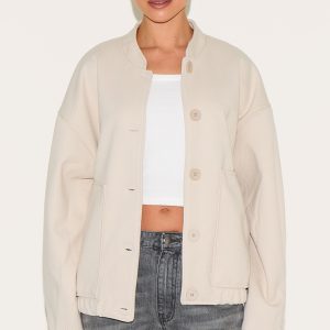 Beige Herringbone Oversized Bomber Jacket