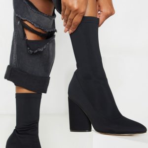Black Chunky Block Heel Sock Boot
