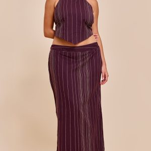 Plus Brown Stripe Embroidered Maxi Skirt