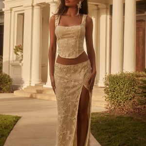 Cream Floral Textured Thigh High Split Maxi Skirt