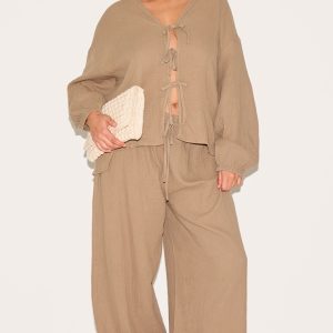 Plus Clay Textured Cheesecloth Wide Leg Trousers